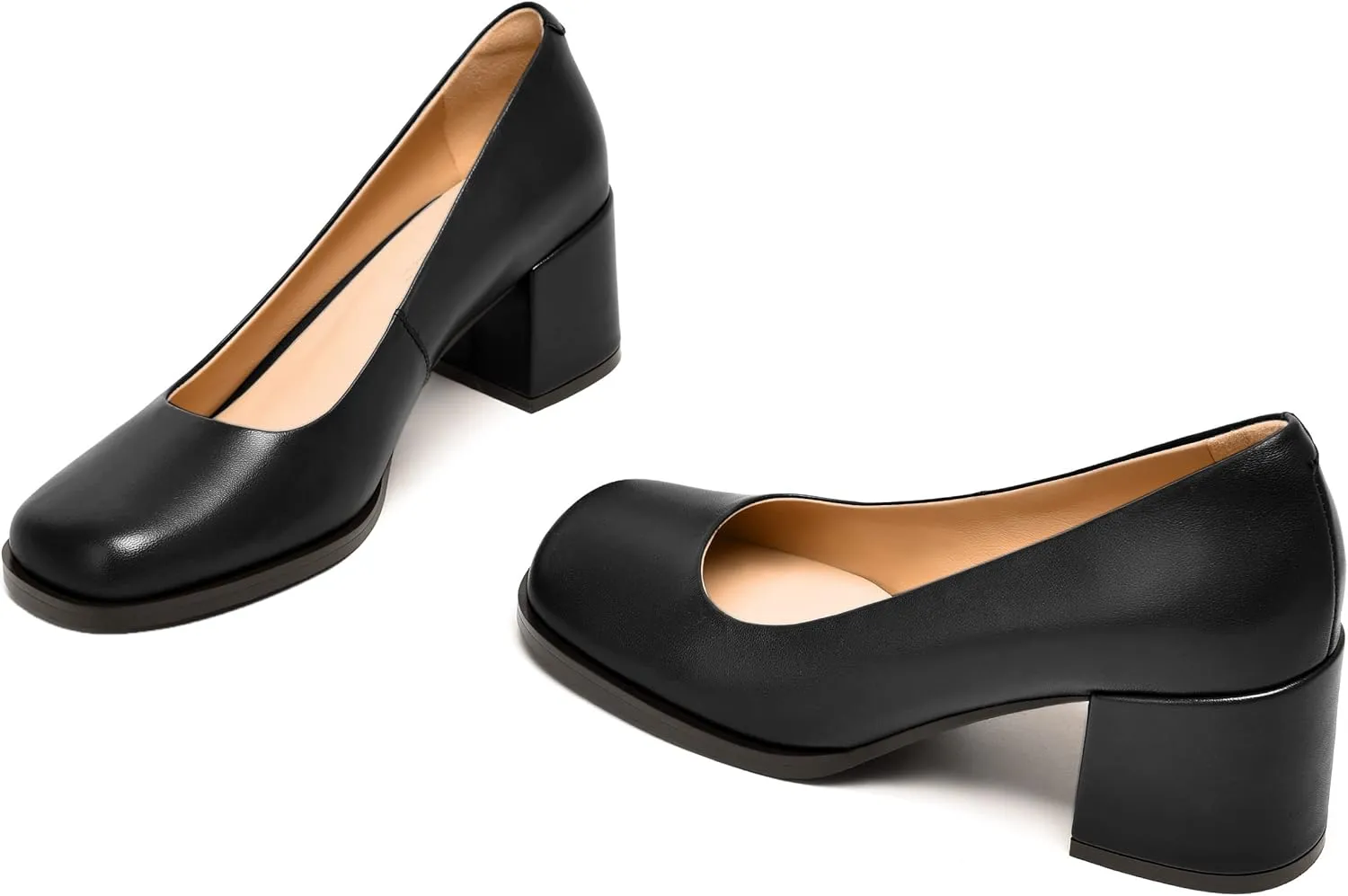 FEMSTEP Womens Casual Slip On Block Matte Leather Square Toe Chunky Low Heel Pumps Shoes 2.5 Inch