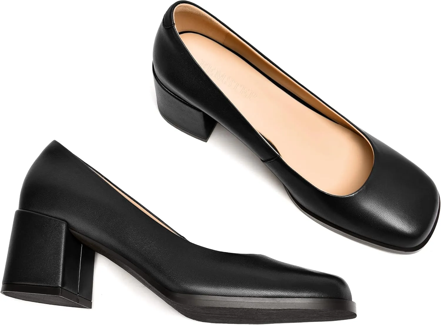 FEMSTEP Womens Casual Slip On Block Matte Leather Square Toe Chunky Low Heel Pumps Shoes 2.5 Inch
