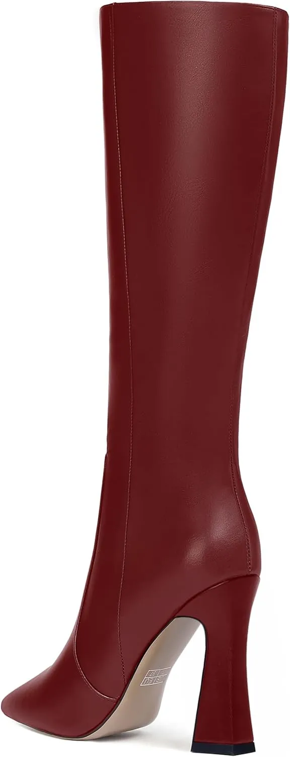 FEMSTEP Womens Formal Zip Outdoor Pointed Toe Matte Spool High Heel Knee High Boots 4 Inch