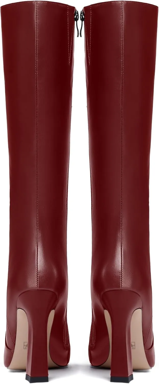 FEMSTEP Womens Formal Zip Outdoor Pointed Toe Matte Spool High Heel Knee High Boots 4 Inch
