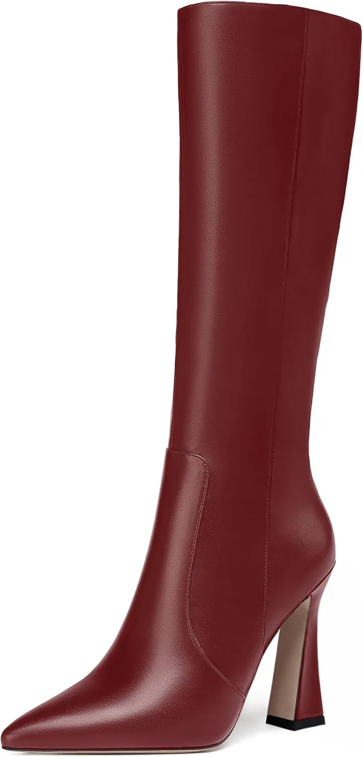 FEMSTEP Womens Formal Zip Outdoor Pointed Toe Matte Spool High Heel Knee High Boots 4 Inch
