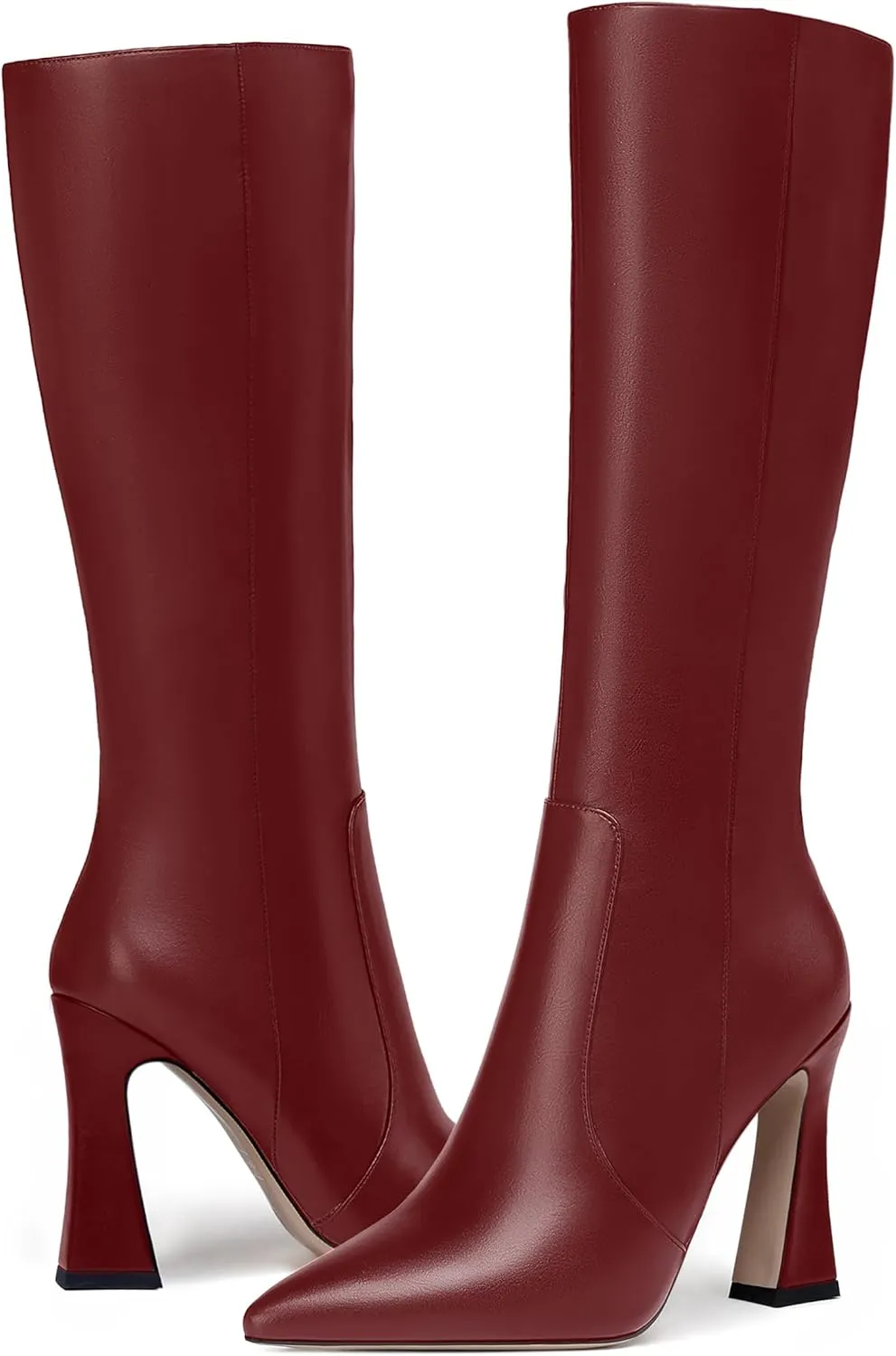 FEMSTEP Womens Formal Zip Outdoor Pointed Toe Matte Spool High Heel Knee High Boots 4 Inch