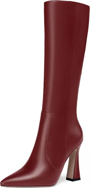 FEMSTEP Womens Formal Zip Outdoor Pointed Toe Matte Spool High Heel Knee High Boots 4 Inch