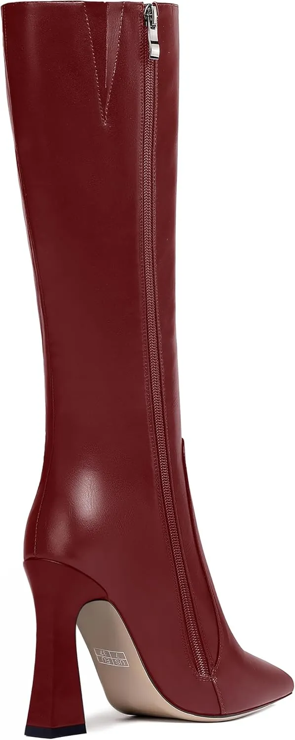 FEMSTEP Womens Formal Zip Outdoor Pointed Toe Matte Spool High Heel Knee High Boots 4 Inch
