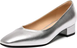 FEMSTEP Womens Matte Leather Fashion Wedding Square Toe Slip On Chunky Low Heel Pumps Shoes 1.5 Inch