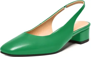 FEMSTEP Womens Square Toe Slingback Matte Leather Chunky Low Heel Pumps Shoes 1.5 Inch