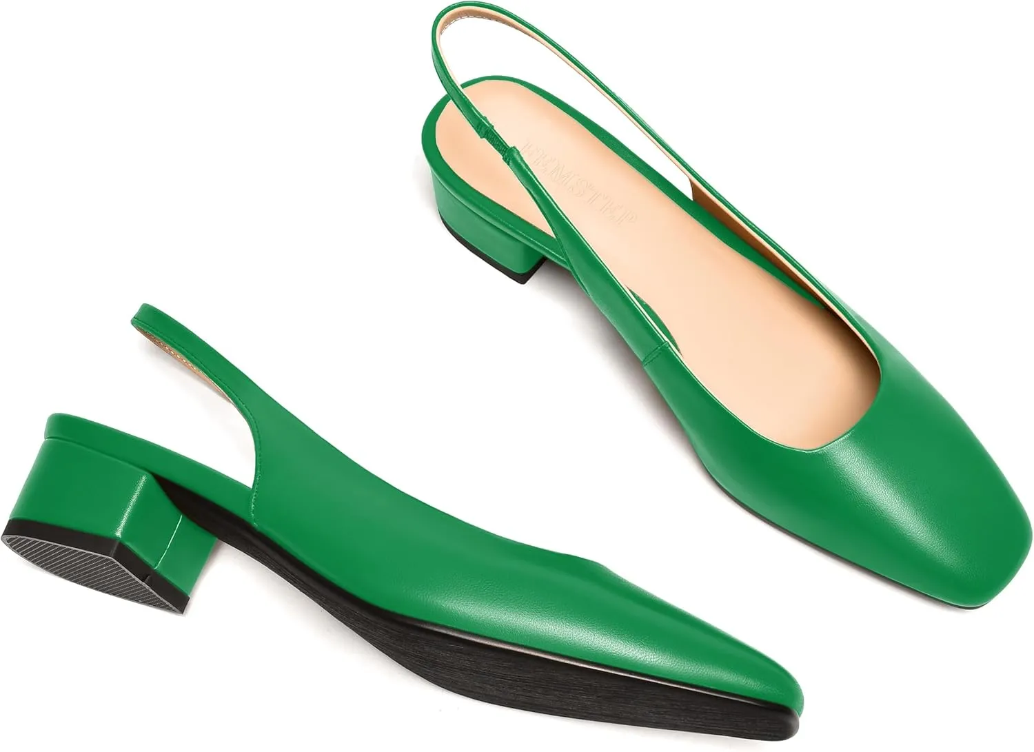 FEMSTEP Womens Square Toe Slingback Matte Leather Chunky Low Heel Pumps Shoes 1.5 Inch