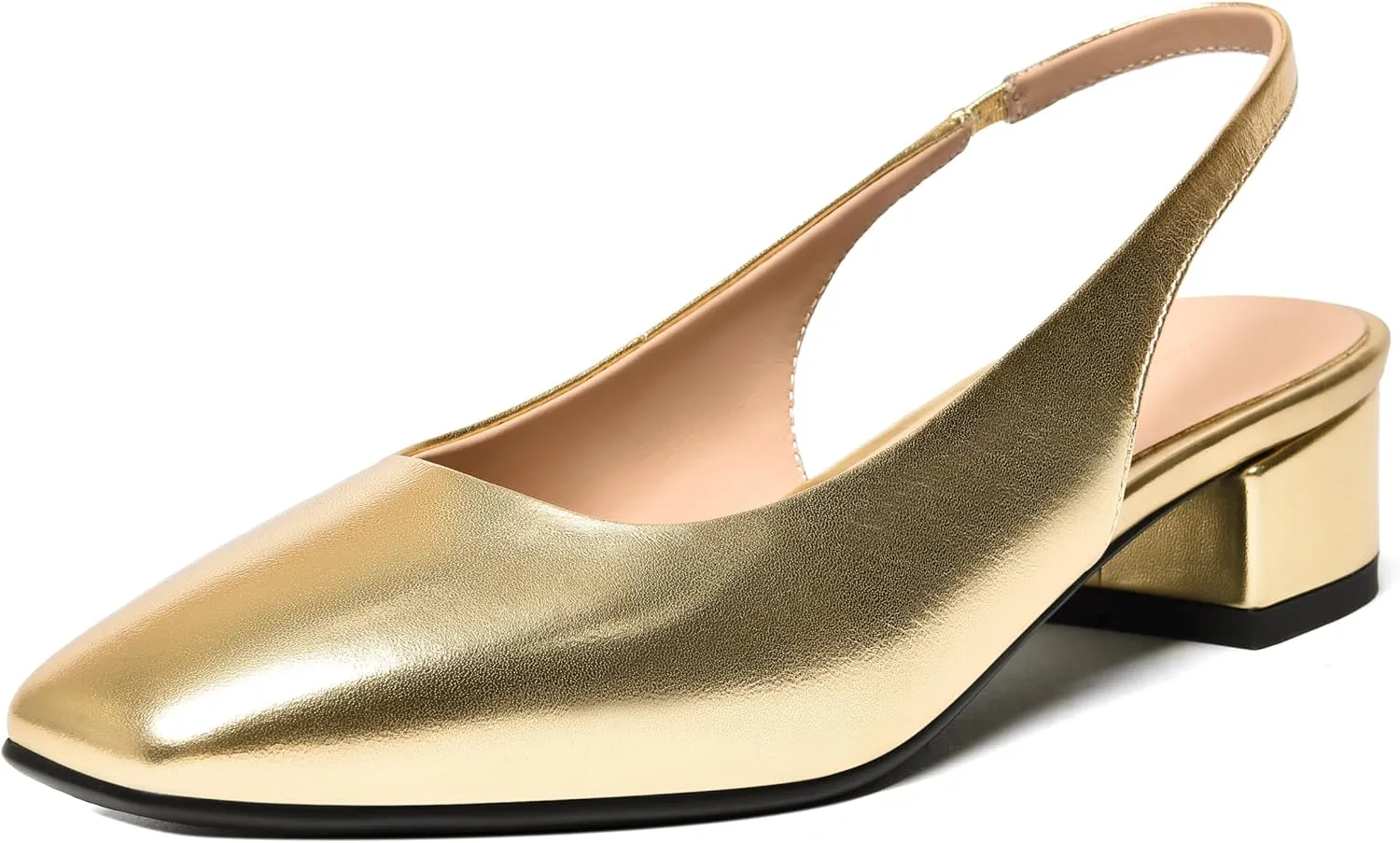 FEMSTEP Womens Square Toe Slingback Matte Leather Chunky Low Heel Pumps Shoes 1.5 Inch