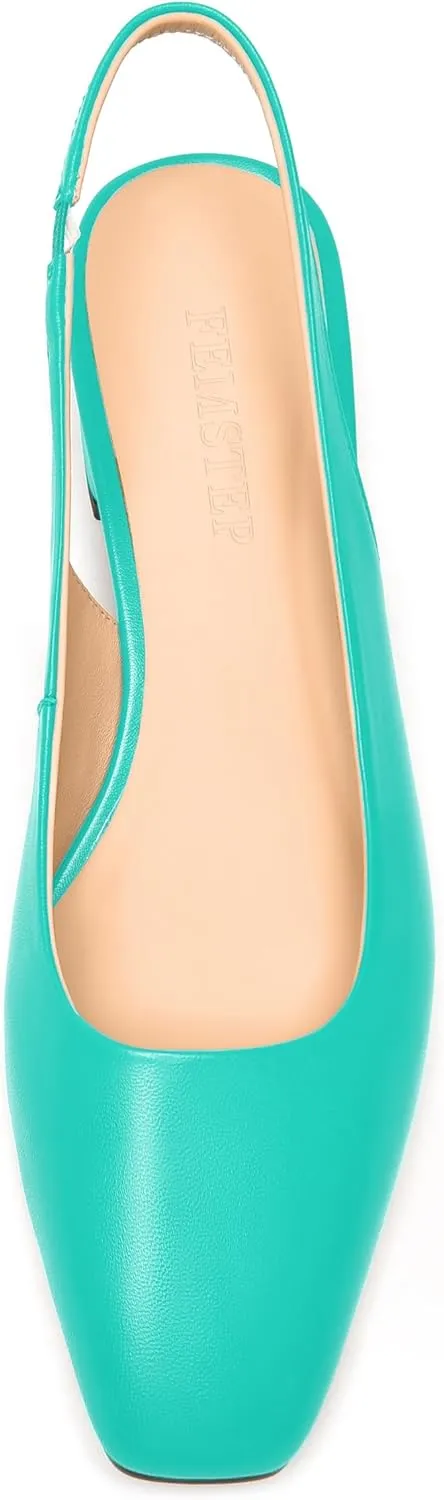 FEMSTEP Womens Square Toe Slingback Matte Leather Chunky Low Heel Pumps Shoes 1.5 Inch