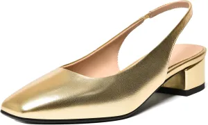 FEMSTEP Womens Square Toe Slingback Matte Leather Chunky Low Heel Pumps Shoes 1.5 Inch