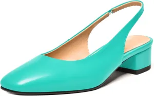 FEMSTEP Womens Square Toe Slingback Matte Leather Chunky Low Heel Pumps Shoes 1.5 Inch