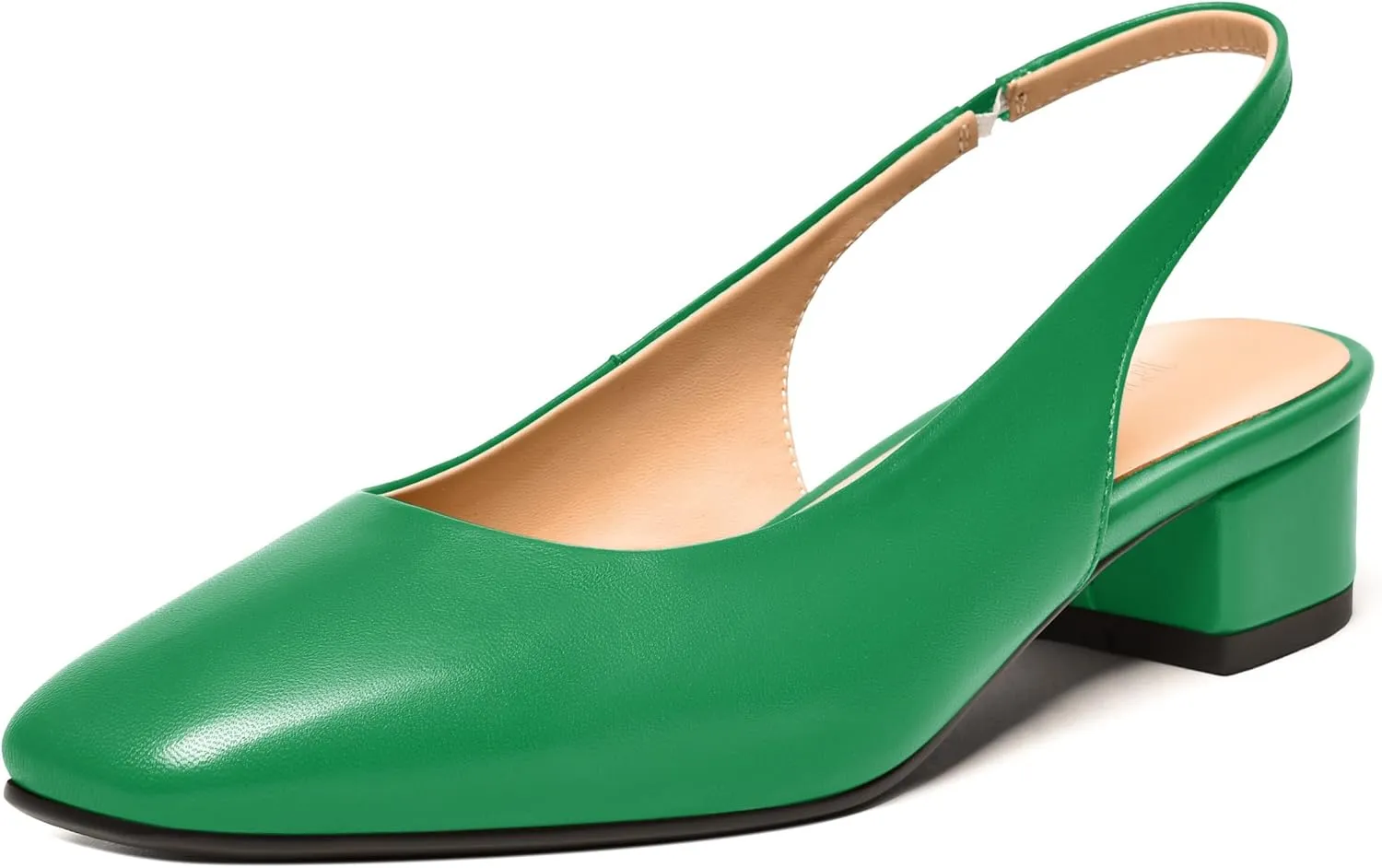 FEMSTEP Womens Square Toe Slingback Matte Leather Chunky Low Heel Pumps Shoes 1.5 Inch