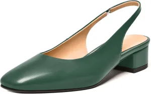 FEMSTEP Womens Square Toe Slingback Matte Leather Chunky Low Heel Pumps Shoes 1.5 Inch