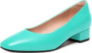 FEMSTEP Womens Wedding Slip On Square Toe Matte Leather Dress Chunky Low Heel Pumps Shoes 1.5 Inch