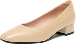 FEMSTEP Womens Wedding Slip On Square Toe Matte Leather Dress Chunky Low Heel Pumps Shoes 1.5 Inch