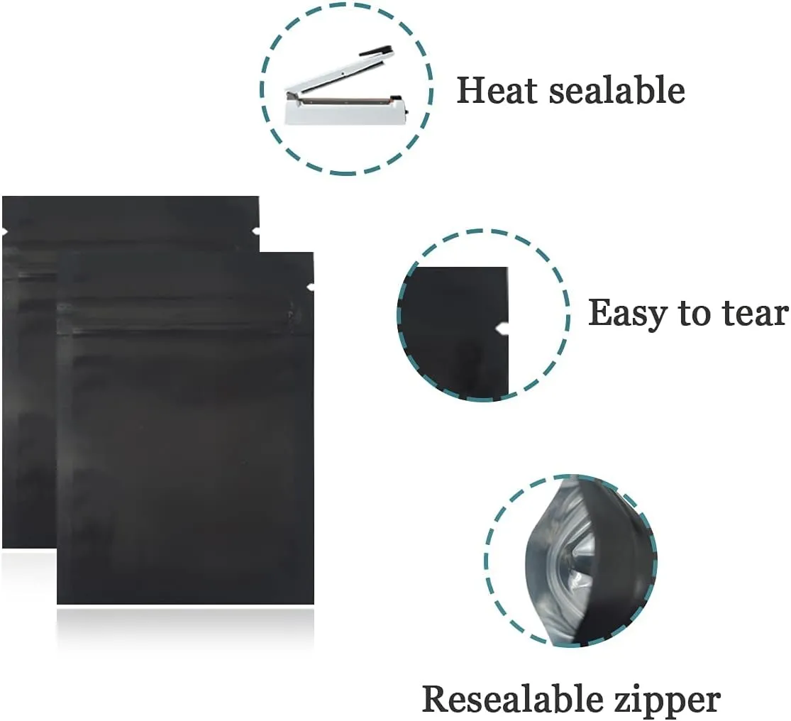 FERENLI 100Pcs Zipper Lock Self Seal Flat Pouch for Zip Aluminum Foil Lock Package Bag Coffee Food Storage Resealable Mylar Bags Heat Sealable Candy Reclosable Bags (12x18cm (4.7x7.1 inch), Black)