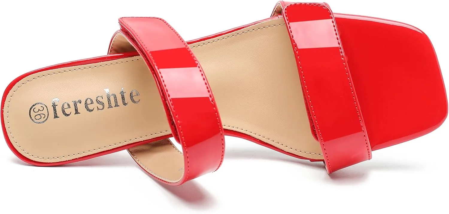 fereshte Womens 2 Strap Slip On Heeled Sandals Slip On Sandals Square Toe Kitten Heeled Mules