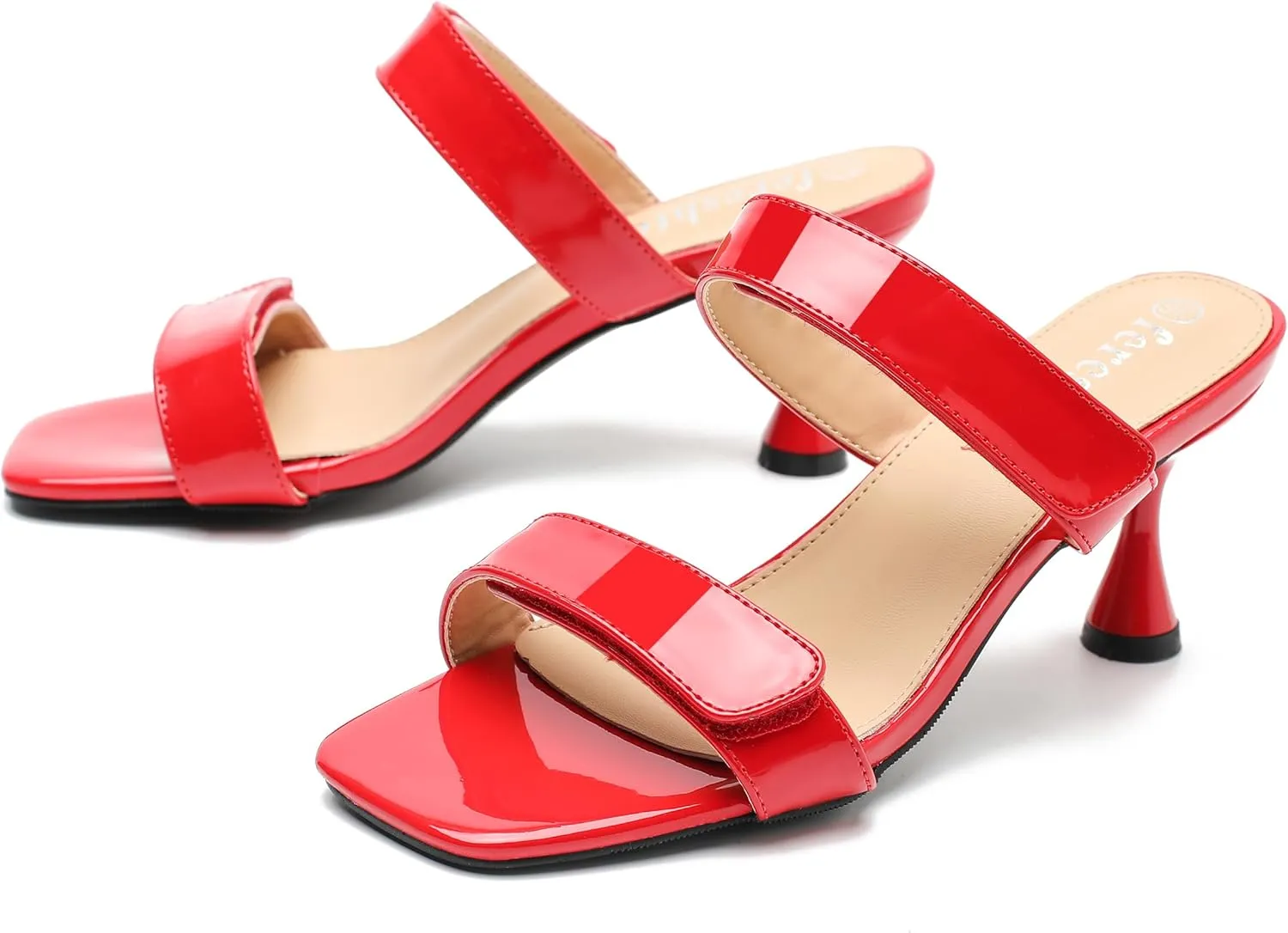 fereshte Womens 2 Strap Slip On Heeled Sandals Slip On Sandals Square Toe Kitten Heeled Mules