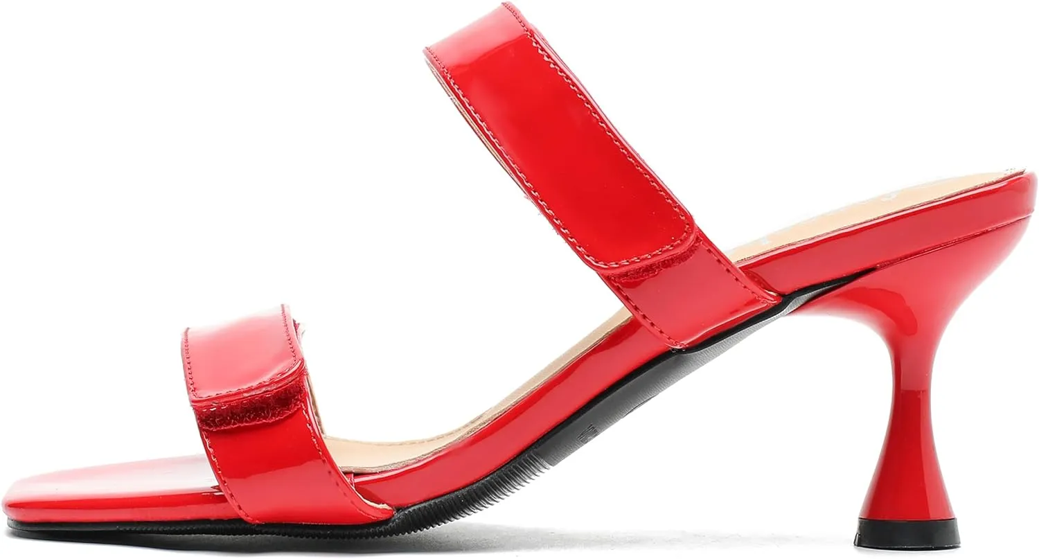 fereshte Womens 2 Strap Slip On Heeled Sandals Slip On Sandals Square Toe Kitten Heeled Mules