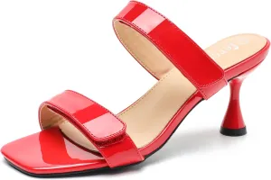 fereshte Womens 2 Strap Slip On Heeled Sandals Slip On Sandals Square Toe Kitten Heeled Mules