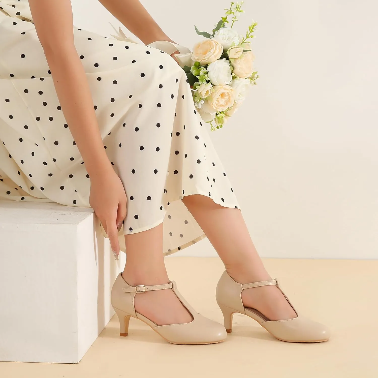 fereshte Women's T Strap Pumps Kitten Heels Retro Ankle Strap Buckle Dress Mary Jane Shoes