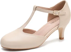 fereshte Women's T Strap Pumps Kitten Heels Retro Ankle Strap Buckle Dress Mary Jane Shoes