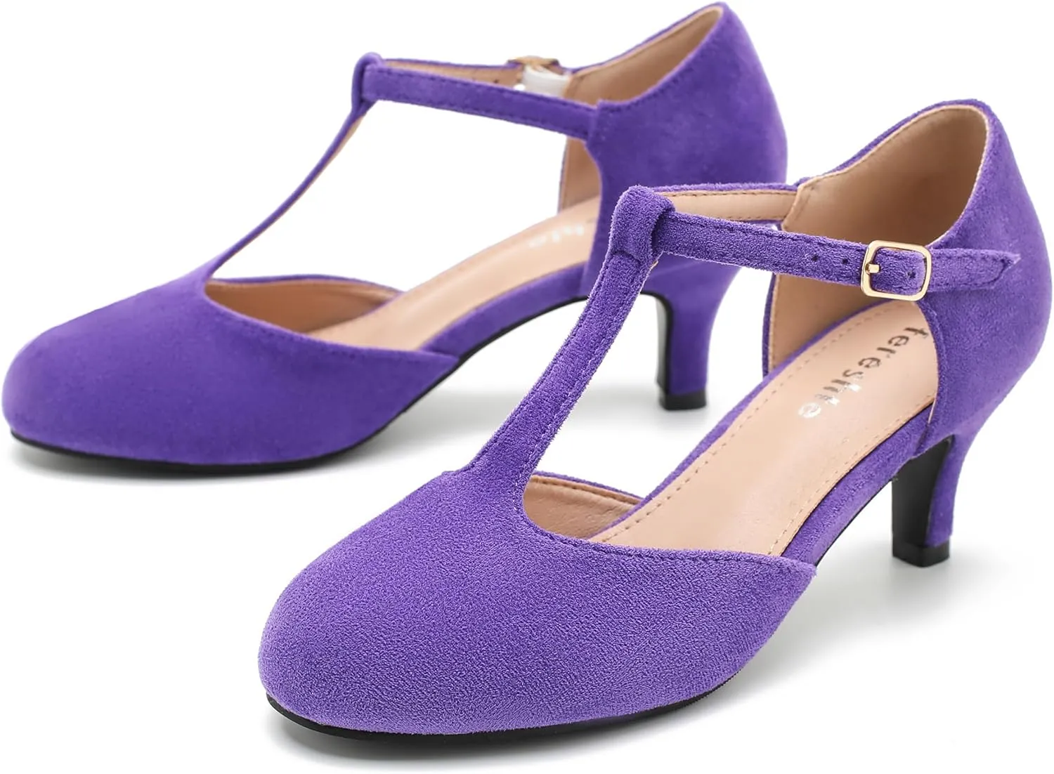 fereshte Women's T Strap Pumps Kitten Heels Retro Ankle Strap Buckle Dress Mary Jane Shoes