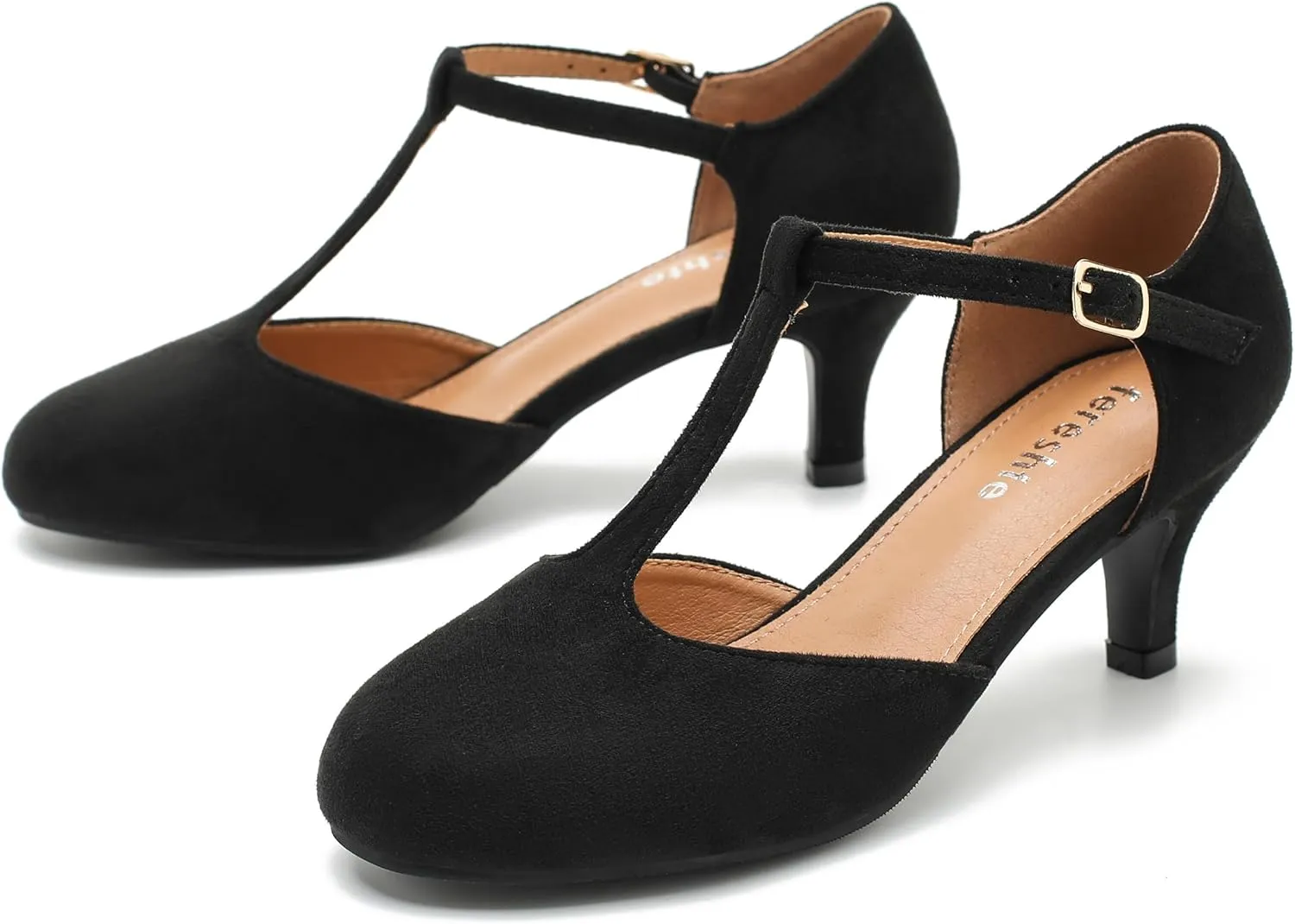 fereshte Women's T Strap Pumps Kitten Heels Retro Ankle Strap Buckle Dress Mary Jane Shoes