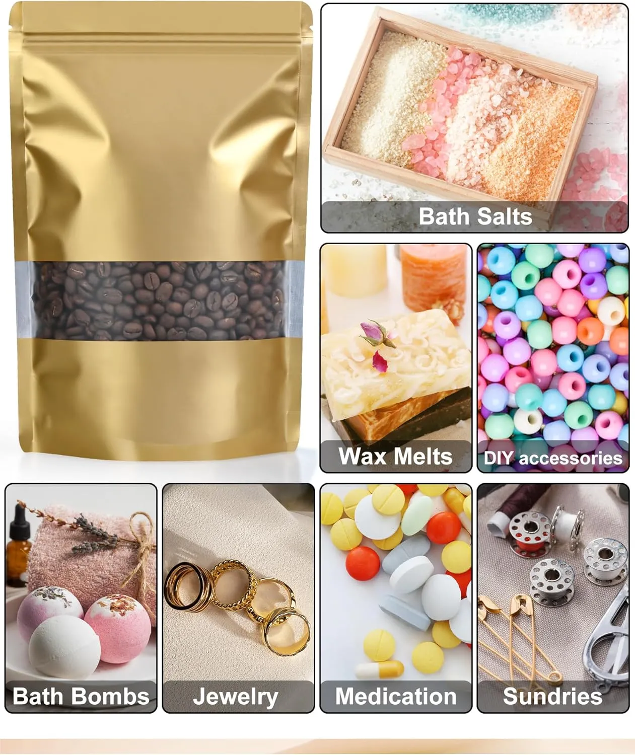FireKylin 100 Pack Smell Proof Bags 4.7" x 7.9", Resealable Bags with Matte Window, Foil Pouch Stand Up Sealable Bags for Packaging(Gold)