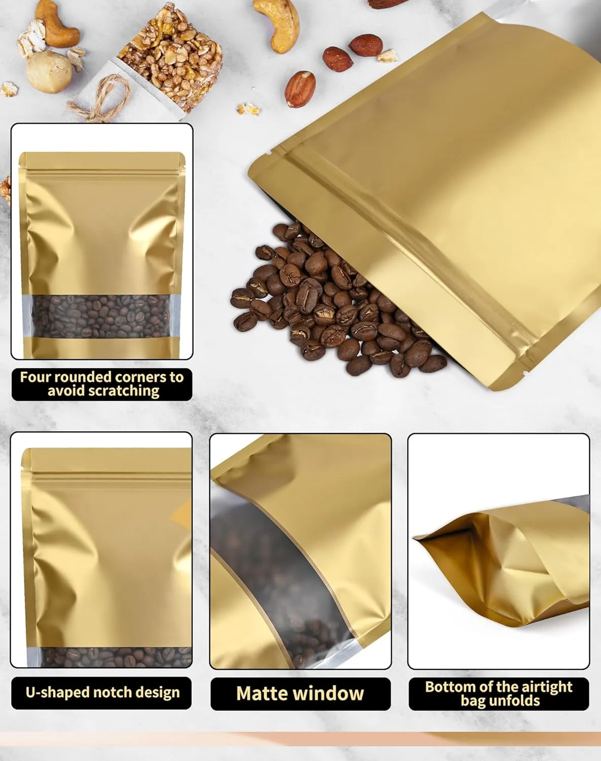 FireKylin 100 Pack Smell Proof Bags 4.7" x 7.9", Resealable Bags with Matte Window, Foil Pouch Stand Up Sealable Bags for Packaging(Gold)