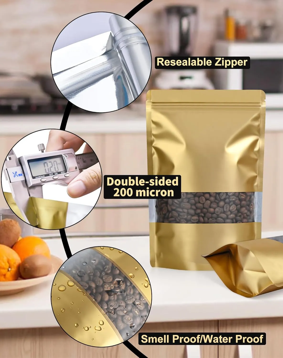 FireKylin 100 Pack Smell Proof Bags 4.7" x 7.9", Resealable Bags with Matte Window, Foil Pouch Stand Up Sealable Bags for Packaging(Gold)