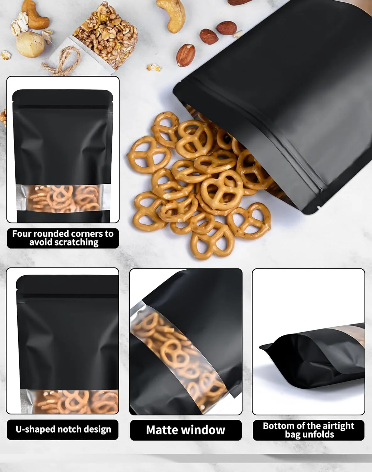 FireKylin 100 Pack Smell Proof Bags 6.3" x 9.4", Resealable Bags with Matte Window, Foil Pouch Stand Up Sealable Bags for Packaging（Black）