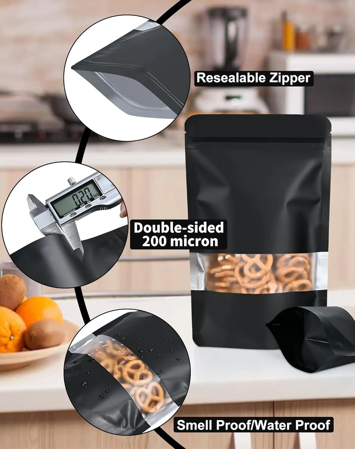 FireKylin 100 Pack Smell Proof Bags 6.3" x 9.4", Resealable Bags with Matte Window, Foil Pouch Stand Up Sealable Bags for Packaging（Black）
