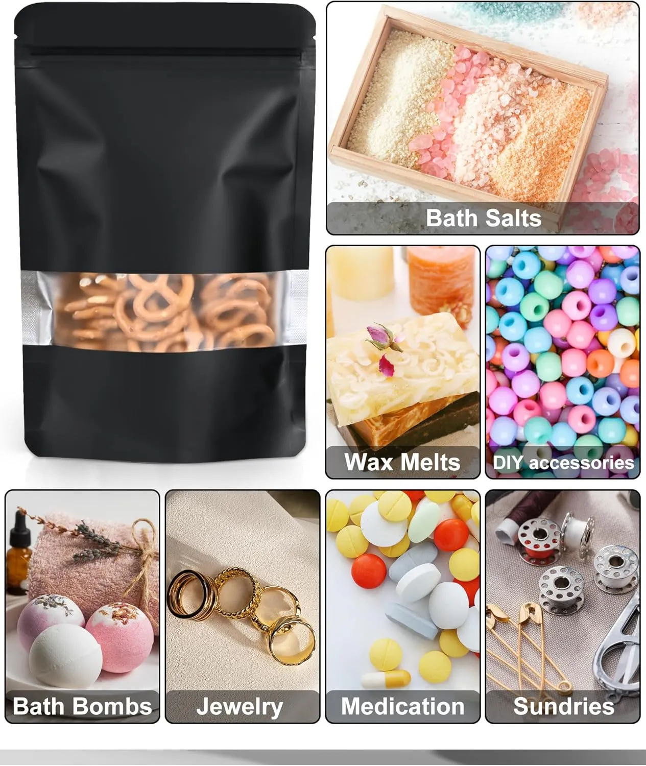 FireKylin 100 Pack Smell Proof Bags 6.3" x 9.4", Resealable Bags with Matte Window, Foil Pouch Stand Up Sealable Bags for Packaging（Black）