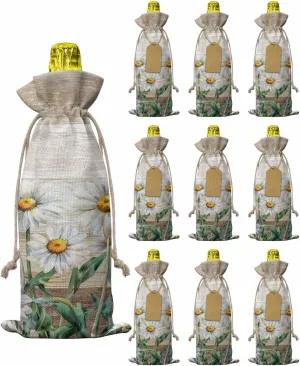 Flax Wine Bags Set of 10, Spring Summer Daisies Plants Floral Flowers Vintage Pastoral Wood Texture Brown Bottle Bags With Drawstrings Tags Reusable Wine Bottle Covers for Wedding Birthday Travel