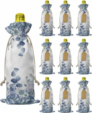 Flax Wine Bags Set of 10, Spring Summer Eucalyptus Leaves Plants Pastoral Blue Bottle Bags With Drawstrings Tags Reusable Wine Bottle Covers for Wedding Birthday Travel