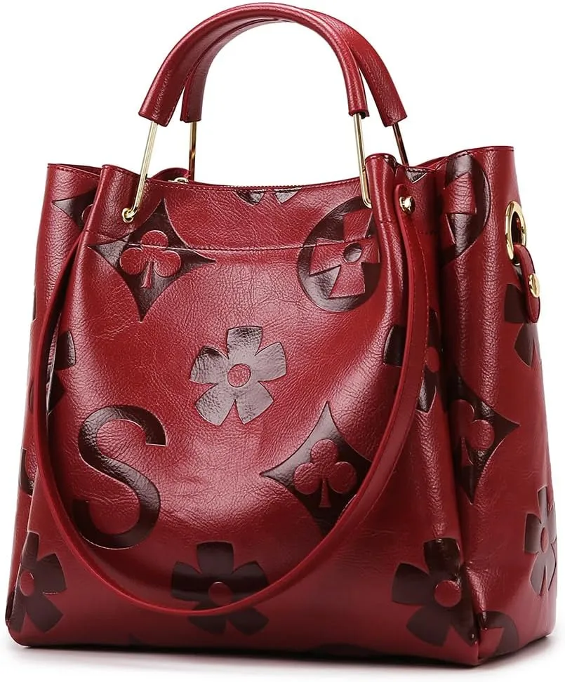 Floral Embossed Tote Bag,Bucket Purse Top Handle Crossbody Clutch Large Vegan Leather Hobo Trendy Designer Handbag for Women