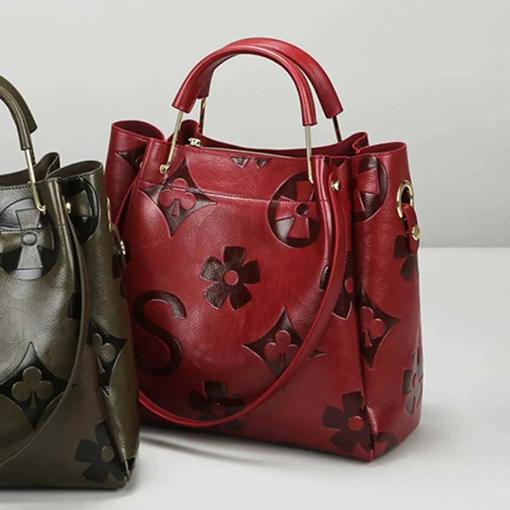 Floral Embossed Tote Bag,Bucket Purse Top Handle Crossbody Clutch Large Vegan Leather Hobo Trendy Designer Handbag for Women
