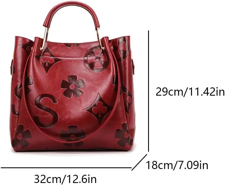 Floral Embossed Tote Bag,Bucket Purse Top Handle Crossbody Clutch Large Vegan Leather Hobo Trendy Designer Handbag for Women