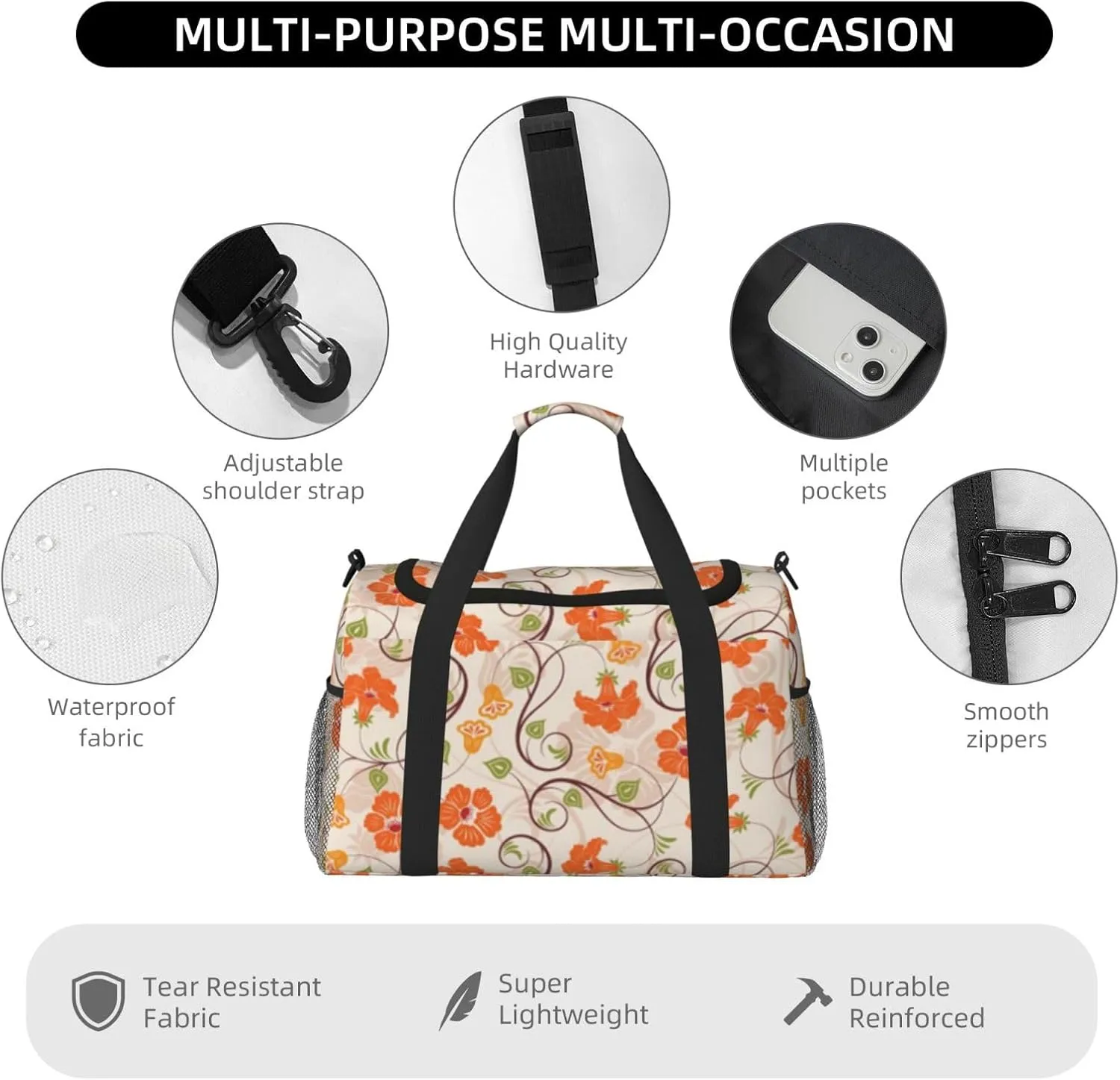 Flowers Cute Fashion Pattern Travel Duffel Bag Large Foldable Waterproof Overnight Bag For Beach Swim Bags Pool Sports Gym