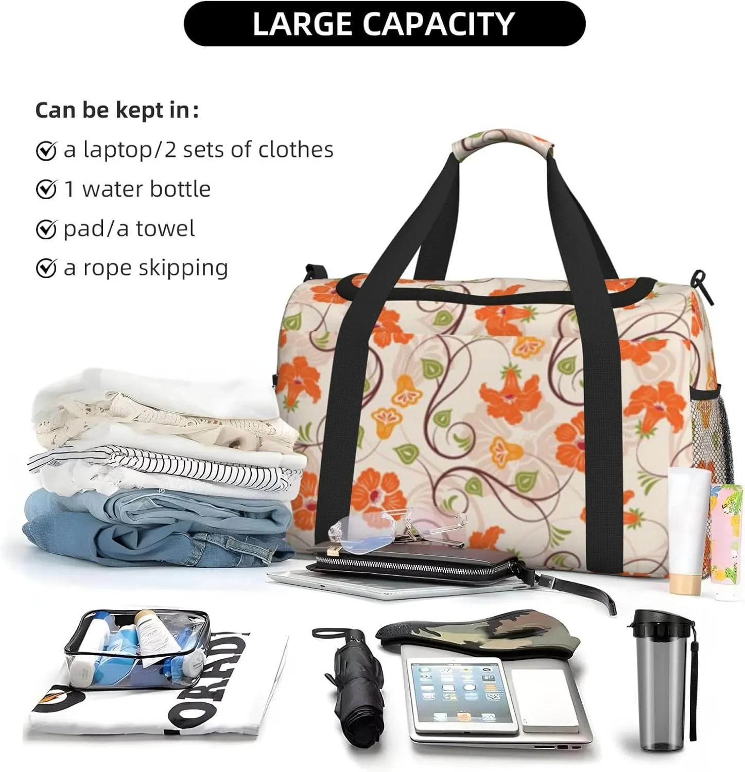 Flowers Cute Fashion Pattern Travel Duffel Bag Large Foldable Waterproof Overnight Bag For Beach Swim Bags Pool Sports Gym