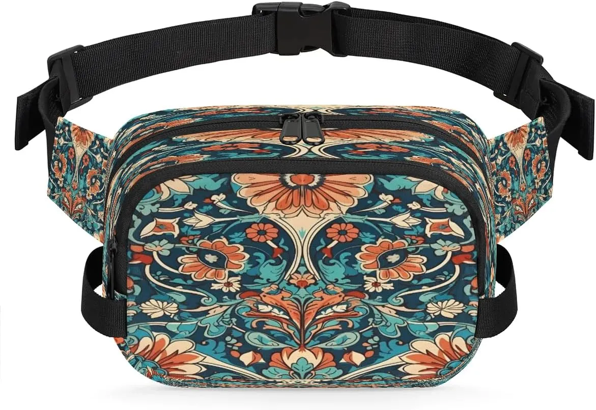 Flowers Retro Boho Printing Fanny Packs for Women Men Waterproof Waist Bag with Adjustable Strap Belt Bag for Travel Running Hiking