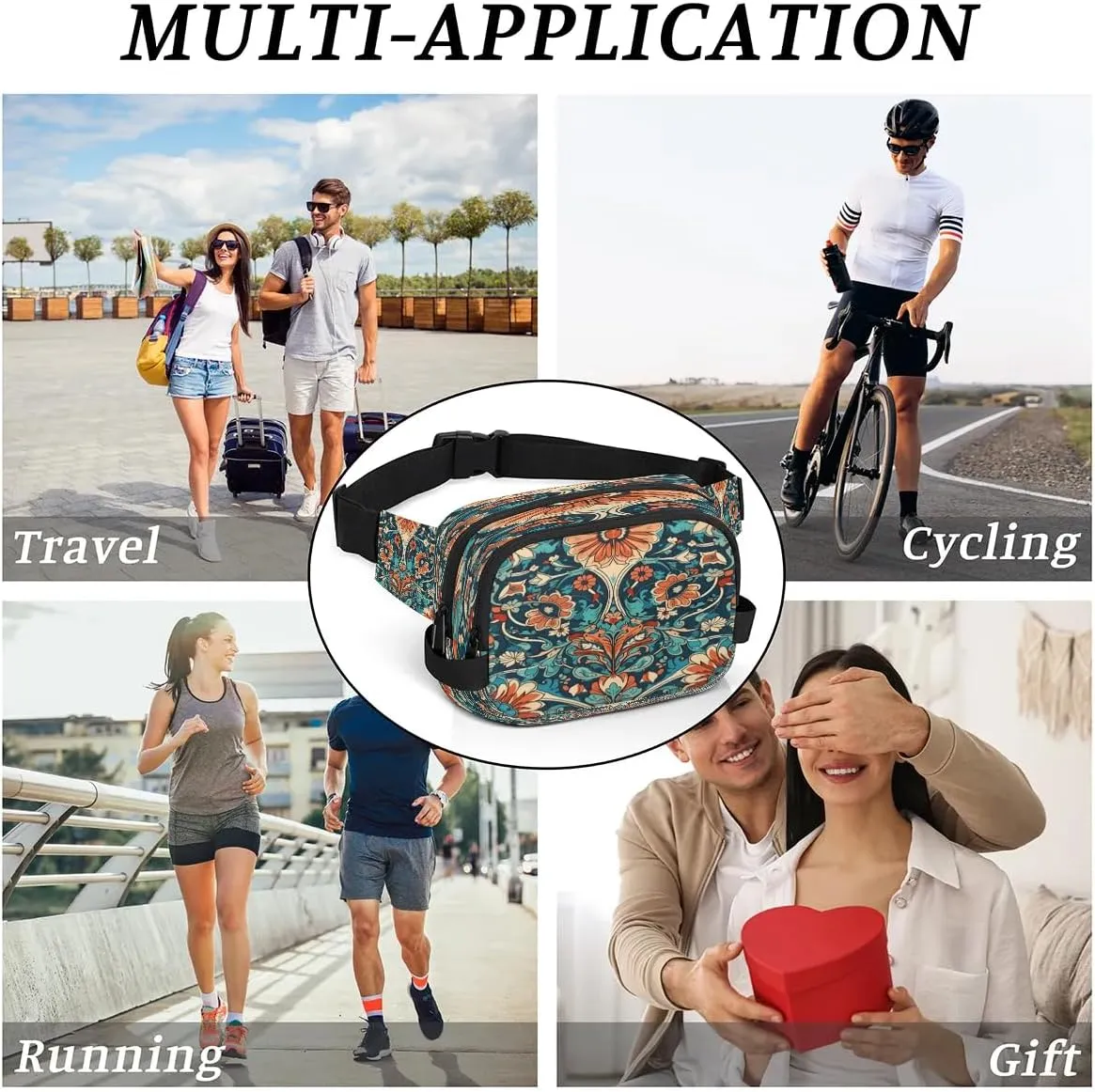 Flowers Retro Boho Printing Fanny Packs for Women Men Waterproof Waist Bag with Adjustable Strap Belt Bag for Travel Running Hiking