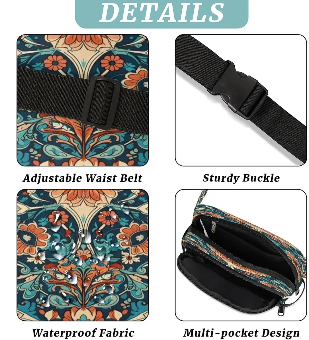 Flowers Retro Boho Printing Fanny Packs for Women Men Waterproof Waist Bag with Adjustable Strap Belt Bag for Travel Running Hiking