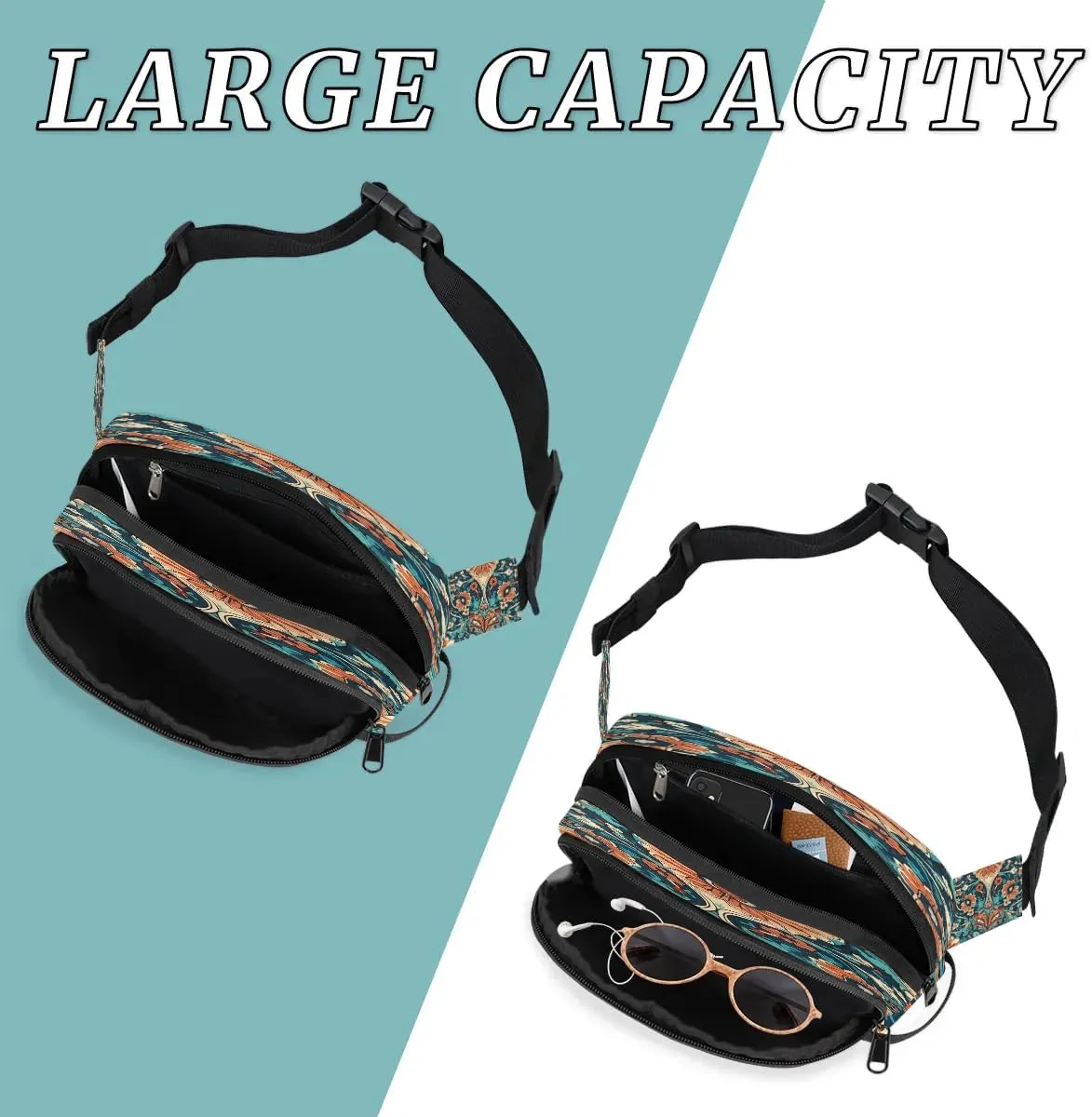 Flowers Retro Boho Printing Fanny Packs for Women Men Waterproof Waist Bag with Adjustable Strap Belt Bag for Travel Running Hiking