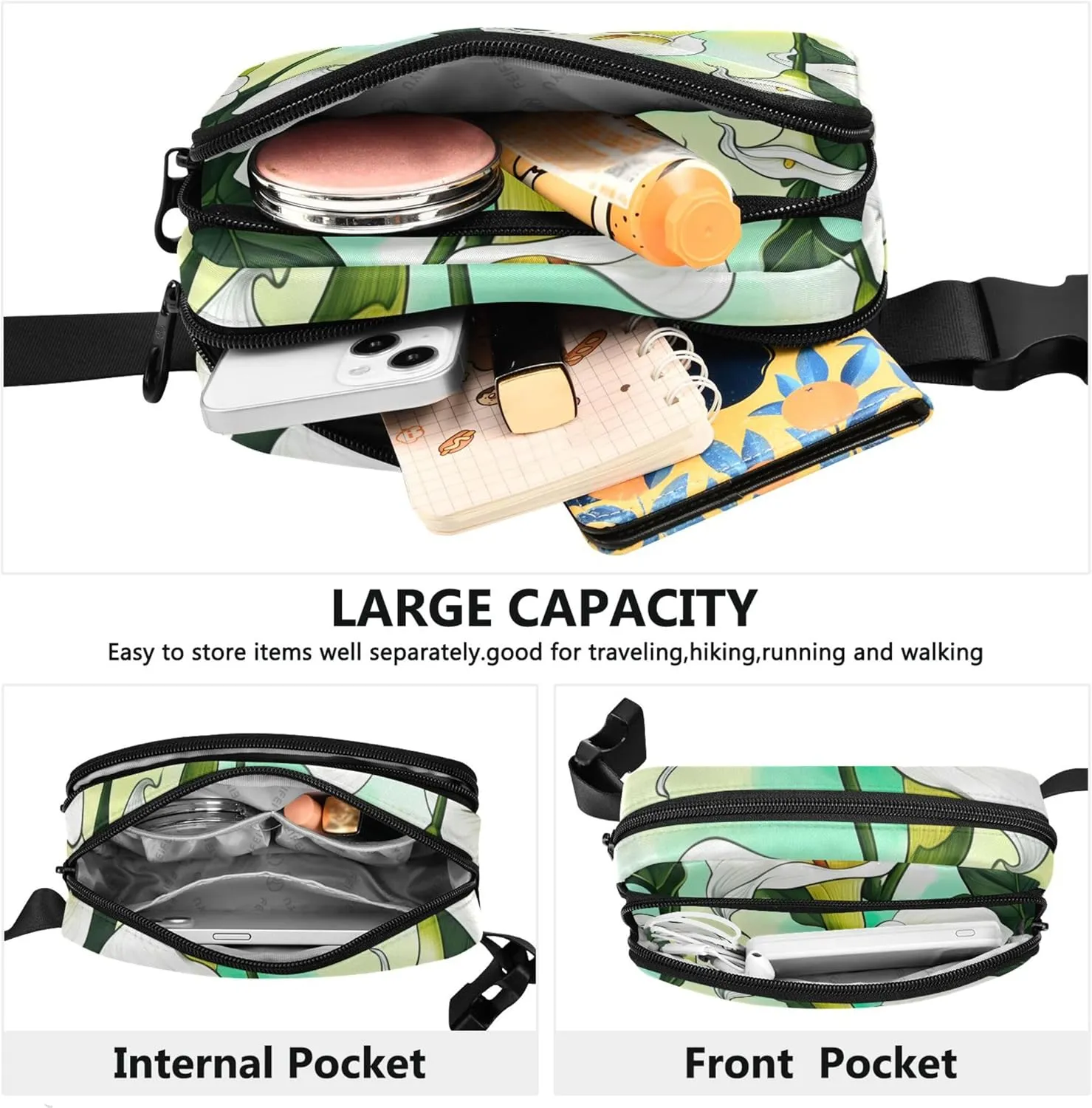 Flowers White Calla Lilies Tropical Fanny Pack for Women Belt Bags Hip Pack Waterproof Pattern Travel Waist Bag