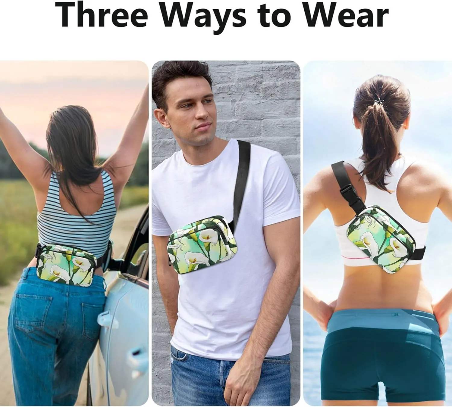 Flowers White Calla Lilies Tropical Fanny Pack for Women Belt Bags Hip Pack Waterproof Pattern Travel Waist Bag