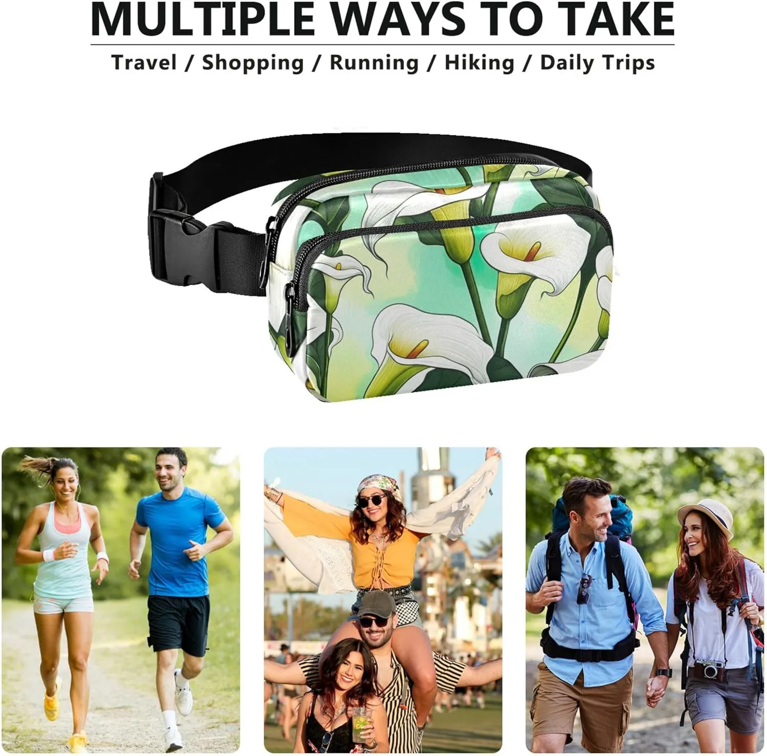 Flowers White Calla Lilies Tropical Fanny Pack for Women Belt Bags Hip Pack Waterproof Pattern Travel Waist Bag