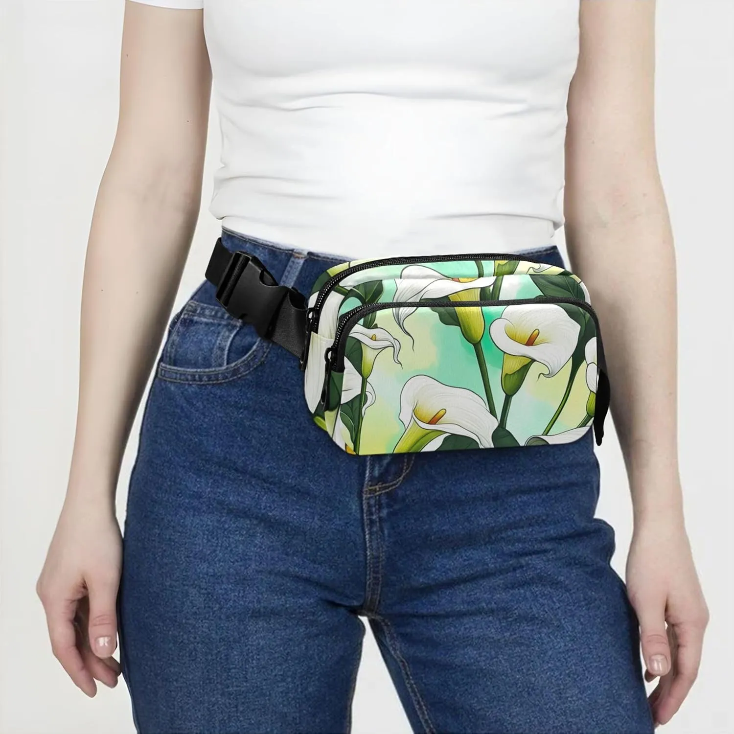 Flowers White Calla Lilies Tropical Fanny Pack for Women Belt Bags Hip Pack Waterproof Pattern Travel Waist Bag