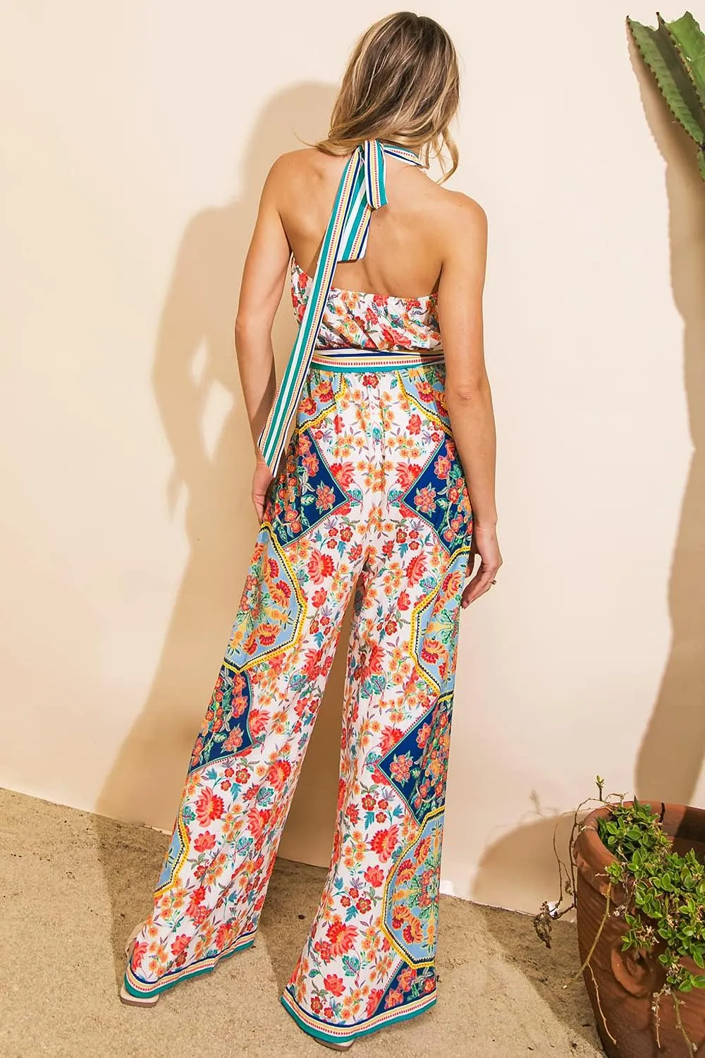 Flying Tomato Women's Juniors Boho Printed Halter Wide Leg Jumpsuit, Large